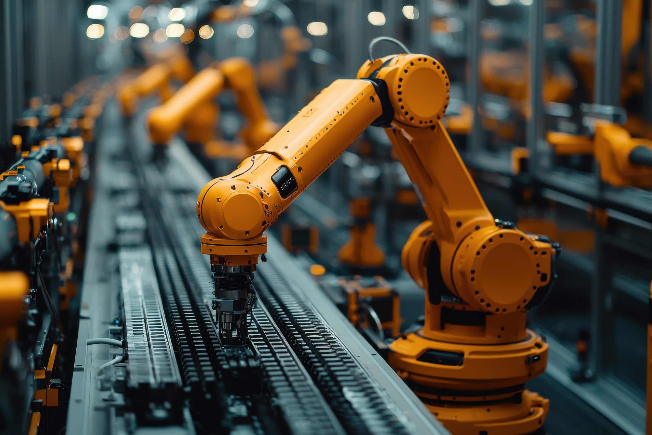 Industrial robots assembling products in a modern manufacturing facility during daylight hours